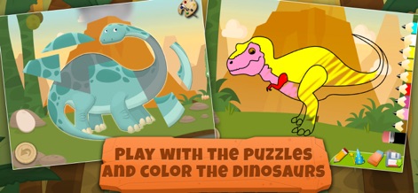 Dinosaur Games for Kids - Dig! - Unleash creativity with engaging dinosaur puzzles featuring a long-necked dinosaur, and a vibrant coloring activity where users can customize a T-Rex-like creature.