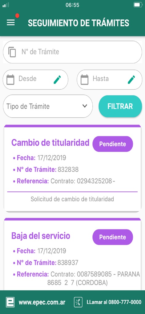 Epec Móvil - Users can track the status of initiated procedures, with filter options for "Tipo de Trámite" (Type of Procedure) and a clear list of pending "Cambio de titularidad" (Ownership Change) and "Baja del servicio" (Service Cancellation) requests.