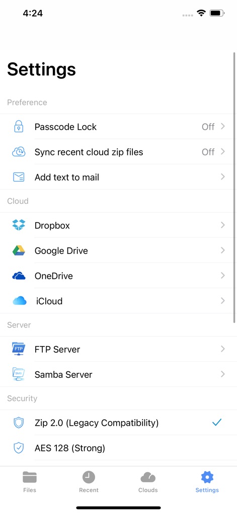 WinZip: #1 zip & unzip tool - Delve into the "Settings" menu, where users can configure security features like "Passcode Lock" and "AES 128/256-bit encryption" while managing cloud synchronization options.