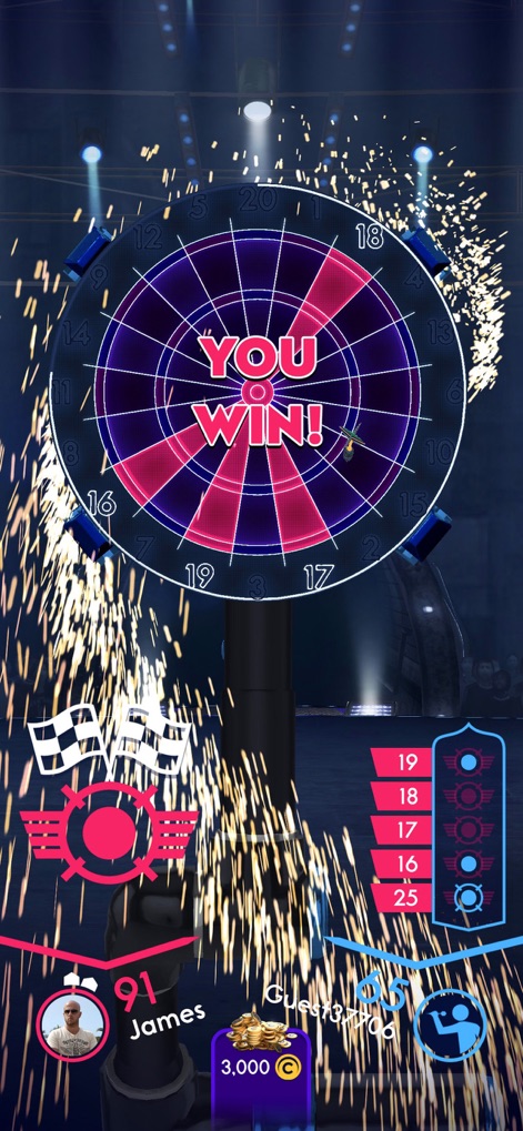 Darts of Fury: PvP Multiplayer - Witness the rewarding 'YOU WIN!' victory screen, complete with celebratory sparks animation and final score tallies.