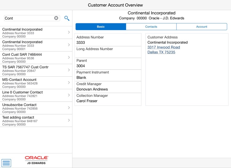 Customer Account Overview Tablet for JDE E1