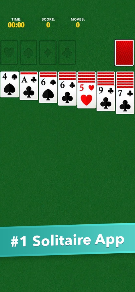 Solitaire Classic Card Game #1 - The app provides a clean game interface displaying current time, score, and moves alongside clear, easy-to-read cards.