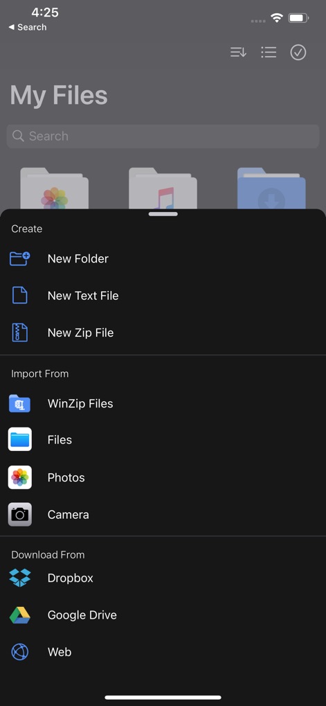 WinZip: #1 zip & unzip tool - Access the quick creation menu, offering options to generate "New Zip File" and "New Text File", along with seamless direct downloading from the "Web".