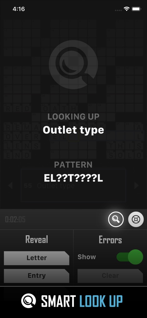 Crossword Puzzle Redstone - The 'Smart Look Up' feature assists users by suggesting patterns, while 'Reveal' and 'Show Errors' options offer comprehensive assistance when stuck.