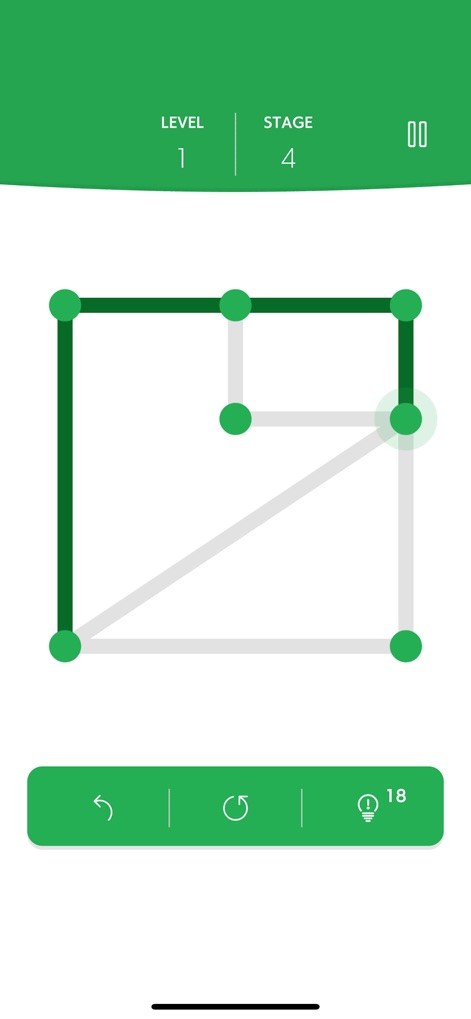 1LINE one-stroke puzzle game - Experience dynamic puzzle-solving as the distinct green line illustrates active progress, connecting points while the remaining white lines highlight the challenge, with '18' hints still available.