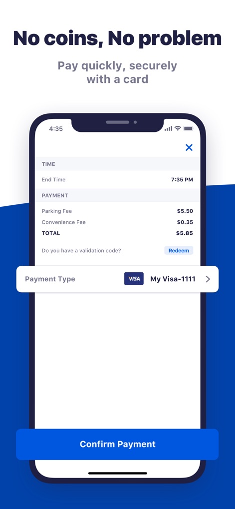 ParkByApp - Users can quickly review transparent parking "fees" and securely select their preferred "Payment Type" from saved cards for a seamless transaction.