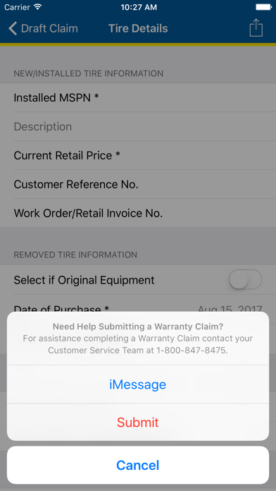 Michelin Warranty Claim Screenshot
