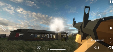 Building Destruction - View the post-destruction landscape featuring a ruined building and persistent smoke effects, framed by a player with a weapon.
