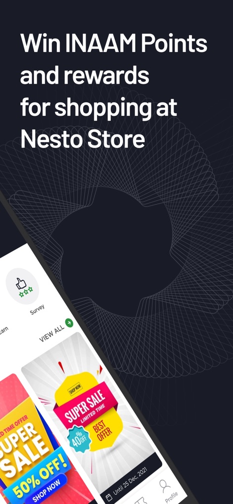 INAAM - This screen highlights how users can "Win INAAM Points and rewards" and browse diverse "Flyer Offers" from Nesto stores.