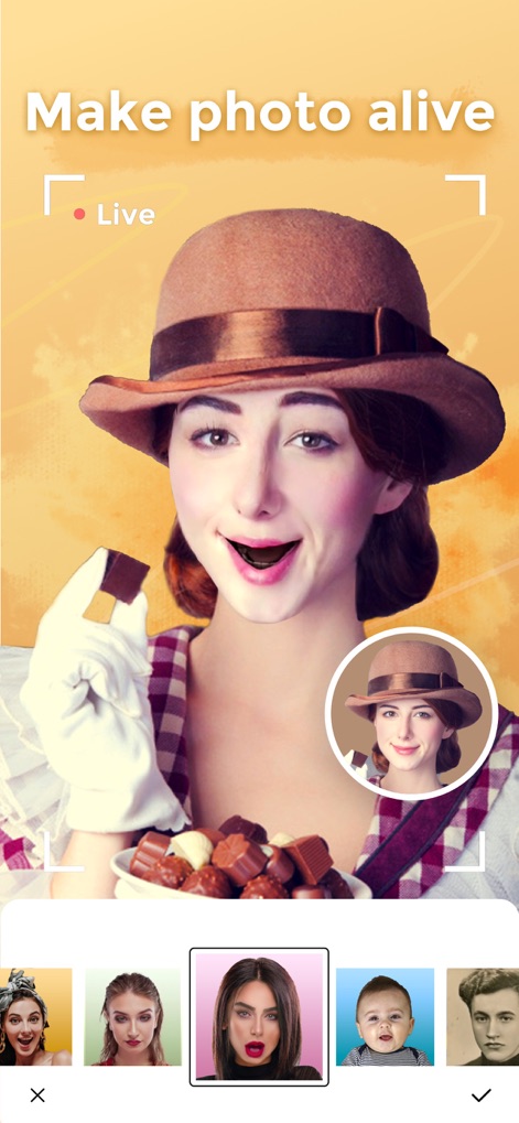 illus - Face Effects Editor - Animate static images with expressive 3D effects, such as the cheerful woman holding chocolate, and choose from an array of engaging animation templates.