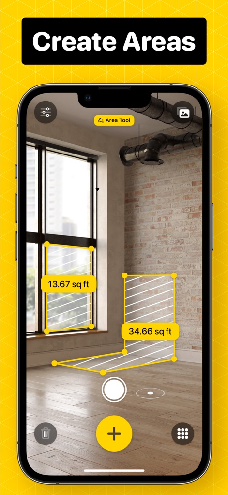 Measuring Tape +ㅤ - 「Area Tool」を使用することで、ユーザーは複数の不規則なエリア（例：13.67 sq ft、34.66 sq ft）を定義し、それぞれの面積をリアルタイムで視覚的に測定・表示できます。