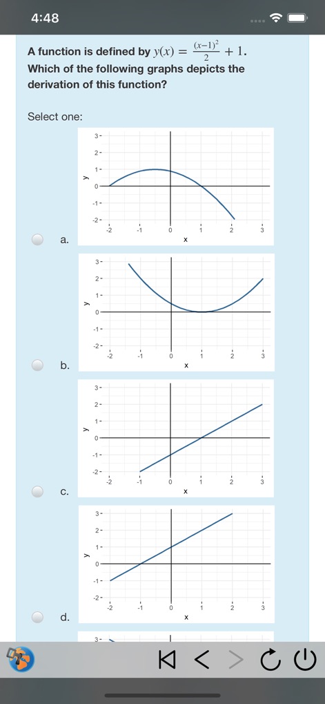 SafeExamBrowser - Esta pantalla ilustra la capacidad de la aplicación para renderizar contenido complejo, como una función matemática y las representaciones gráficas asociadas para la selección de respuestas.