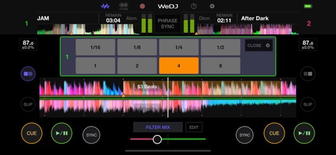 WeDJ for iPhone - The app provides precision looping controls for rhythmic creativity, clearly displayed over the enlarged waveforms for accurate, on-the-fly adjustments.