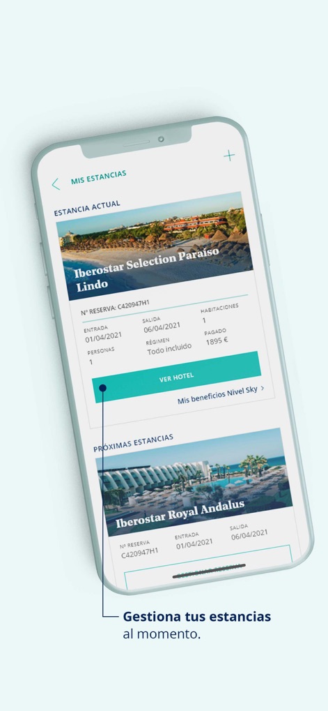 Iberostar Hotels & Resort - Users can view current stay details, including booking information and dates, alongside a comprehensive list of upcoming reservations.