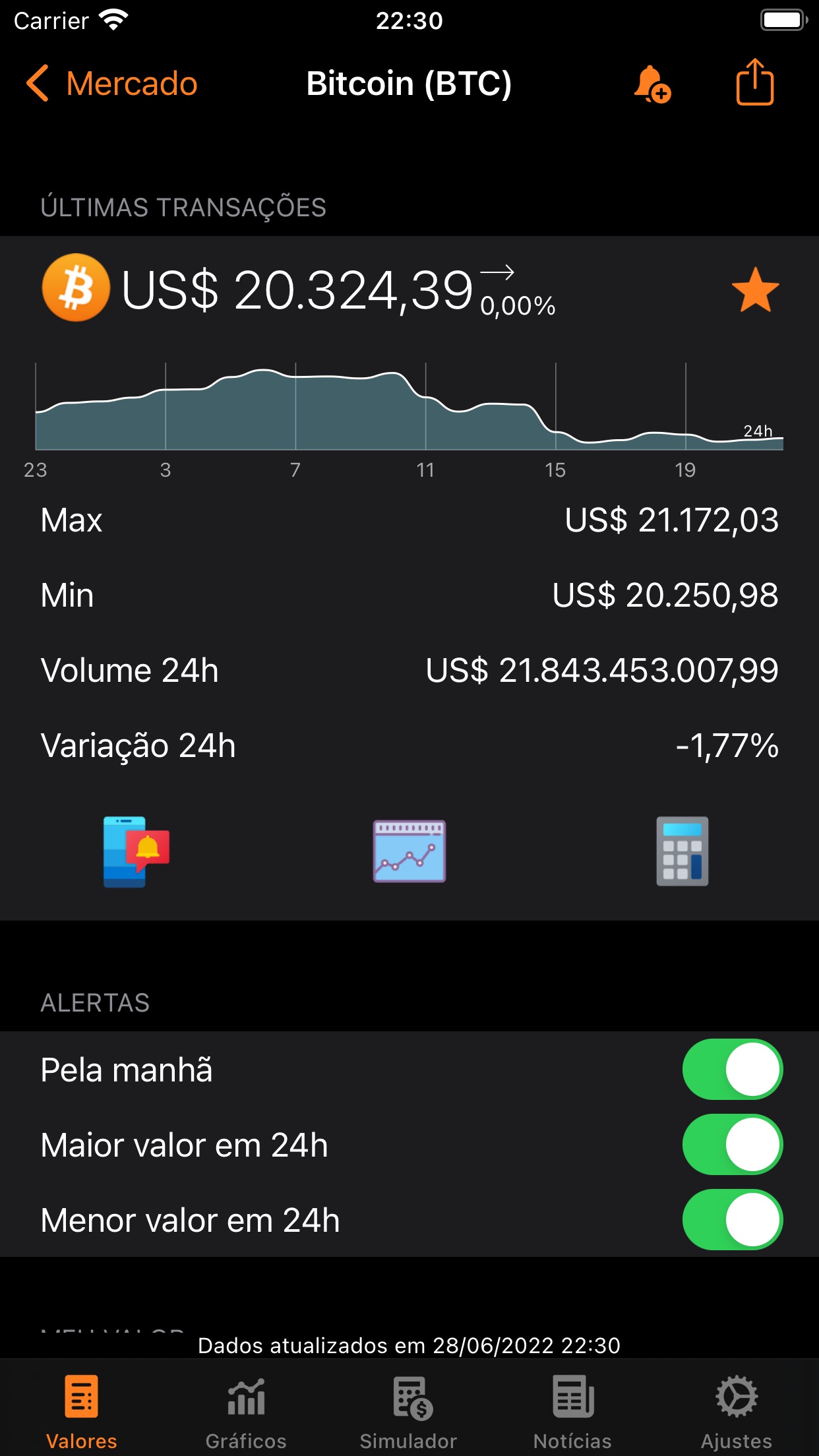 Screenshot do app Bitcoin Sentinel