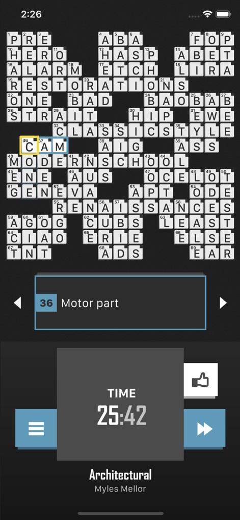 Crossword Puzzle Redstone - Users can monitor their solving performance with a visible 'Timer' and receive positive feedback upon completing puzzles via a 'thumbs up' indicator.