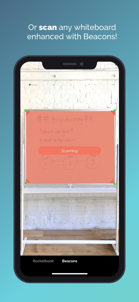 Rocketbook App - Explore the app's capability to scan whiteboards equipped with Beacons, showcasing the precise red scanning overlay that intelligently crops the content.