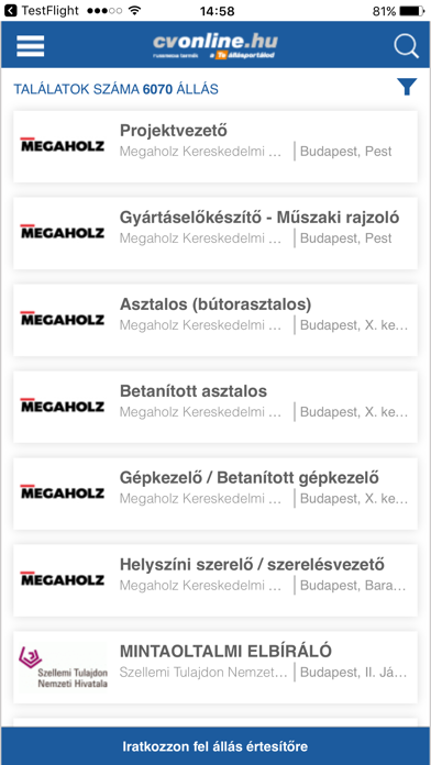 Screenshot #1 pour Cvonline.hu állások