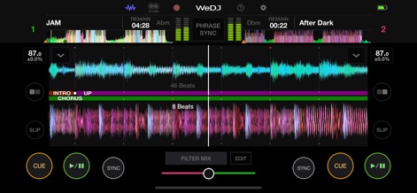 WeDJ for iPhone - The app displays enlarged waveforms for precise visual beat-matching and features prominent CUE/PLAY/SYNC controls for real-time track manipulation.