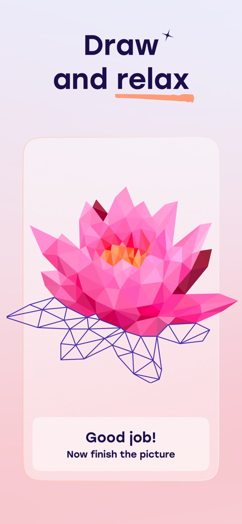 Star Art: Drawing & Relaxing - L'application guide les utilisateurs pour assembler des œuvres d'art 3D apaisantes, avec un visuel de fleur de lotus partiellement complété et la structure filaire en attente de finalisation.