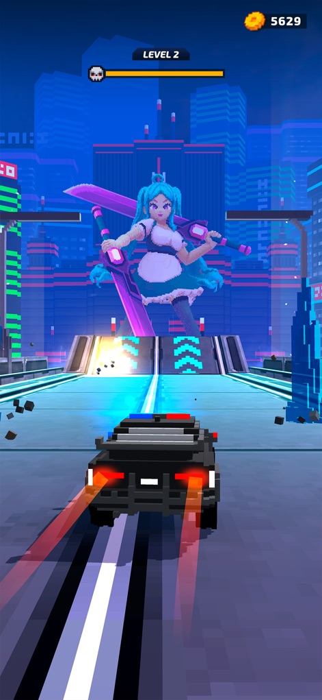 Monster Demolition - Giants 3D - Explore epic urban battles where players pilot police cars against anime-inspired giants wielding colossal swords in a vibrant neon city.