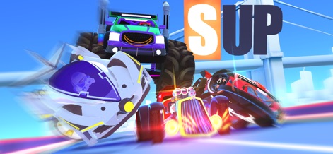 SUP Multiplayer Racing - La imagen muestra la amplia colección de vehículos disponibles, desde monster trucks hasta coches futuristas, todos representados con gráficos vibrantes que definen el estilo del juego.