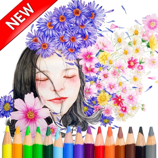 Adult Coloring Beautiful Girl For Stress Relieved Icon