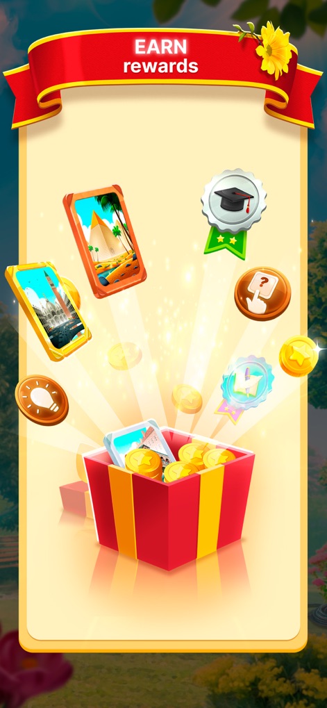 Word Garden : Crosswords - The app celebrates user achievements with a vibrant animation of rewards and encourages continued play through collectible picture frames and achievement badges.