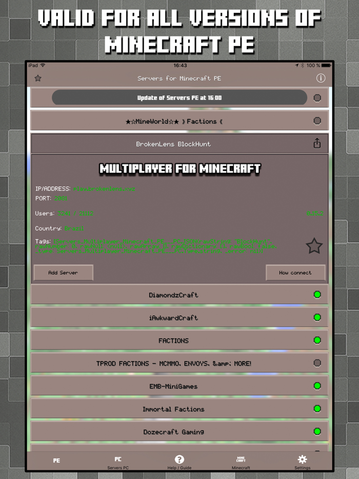 Multiplayer Servers for Minecraft PE and PC w Mods