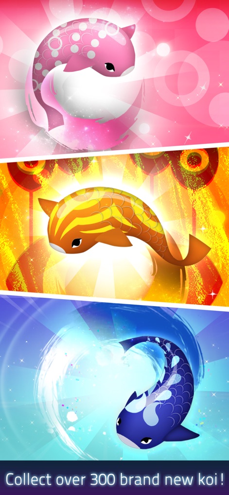 Zen Koi 2 - Preview the captivating transformation stages of various koi designs, highlighting the extensive goal to "Collect over 300 brand new koi!" within the game.