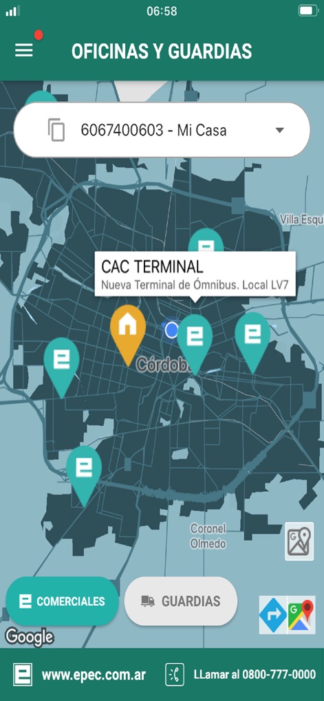 Epec Móvil - The app displays Epec offices and service points on an interactive map, offering filters for "COMERCIALES" (Commercial Offices) and "GUARDIAS" (Service Points).