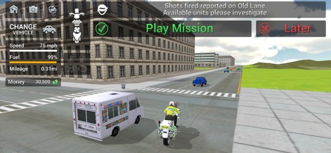Police Car Driving: Crime City - Players are presented with clear mission prompts to 'Play Mission' or 'Later', alongside live police radio reports detailing incidents like 'Shots fired reported', integrating immersive gameplay elements.
