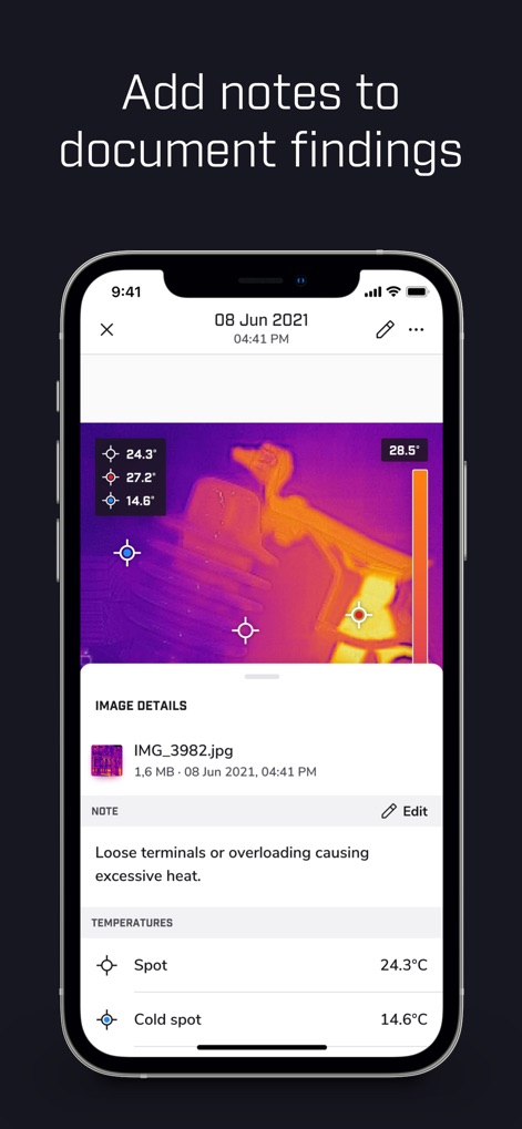 Flir One - Para una documentación exhaustiva, la aplicación permite la adición de notas de texto descriptivas directamente en las imágenes y la documentación de hallazgos clave para futuras referencias.