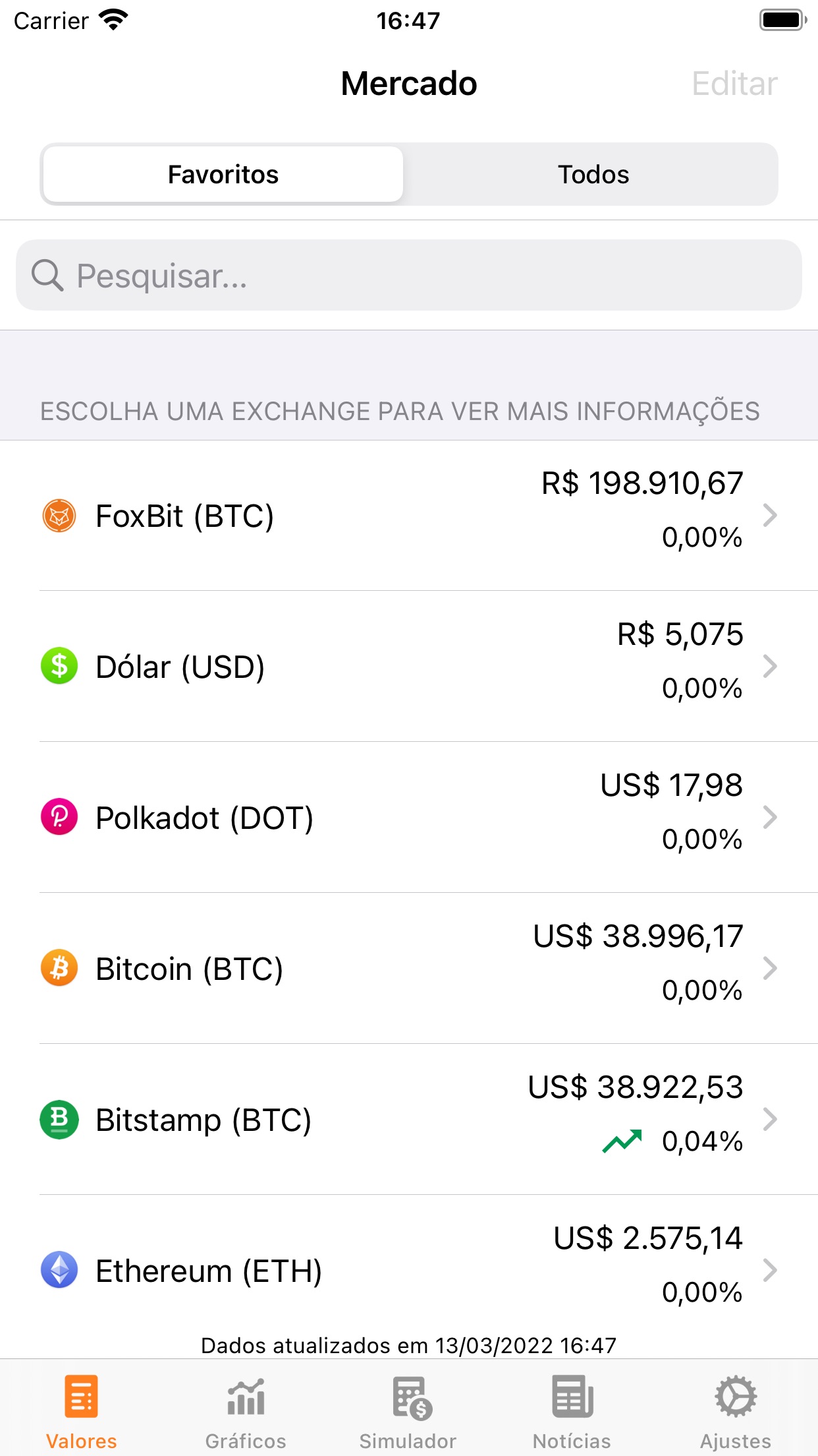 Screenshot do app Bitcoin Sentinel