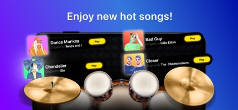 Drums: Learn & Play Beat Games - Users can discover and play along to popular tracks like 'Dance Monkey' and 'Bad Guy', seamlessly integrated with the app's realistic drum kit elements.