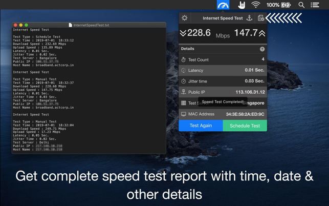 Test della velocità di Internet: schermata di Speedio