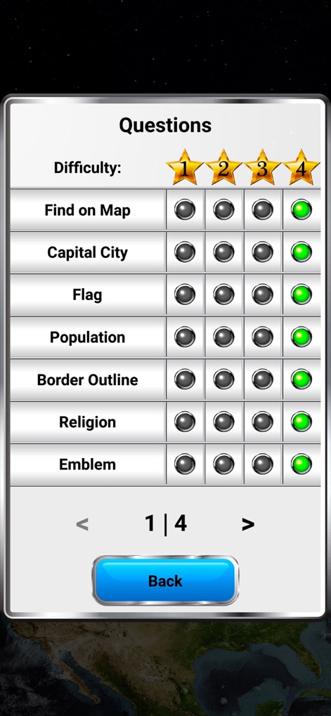 World Geography - Quiz Game - The app allows customization of quiz topics such as 'Find on Map' and 'Flag', enabling users to select difficulty levels from 1 to 4 stars.