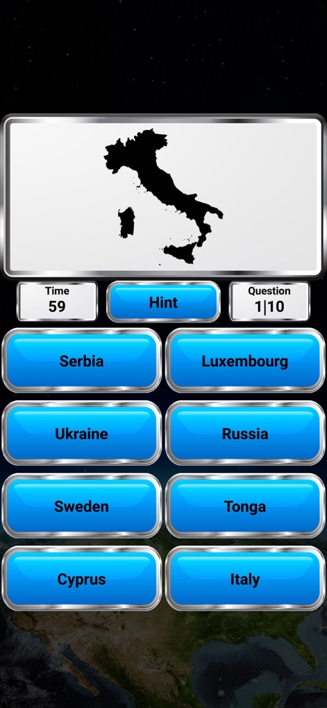 World Geography - Quiz Game - The app offers quizzes focused on country border outlines, challenging users to identify nations like Italy from their silhouette and providing multiple-choice selections.