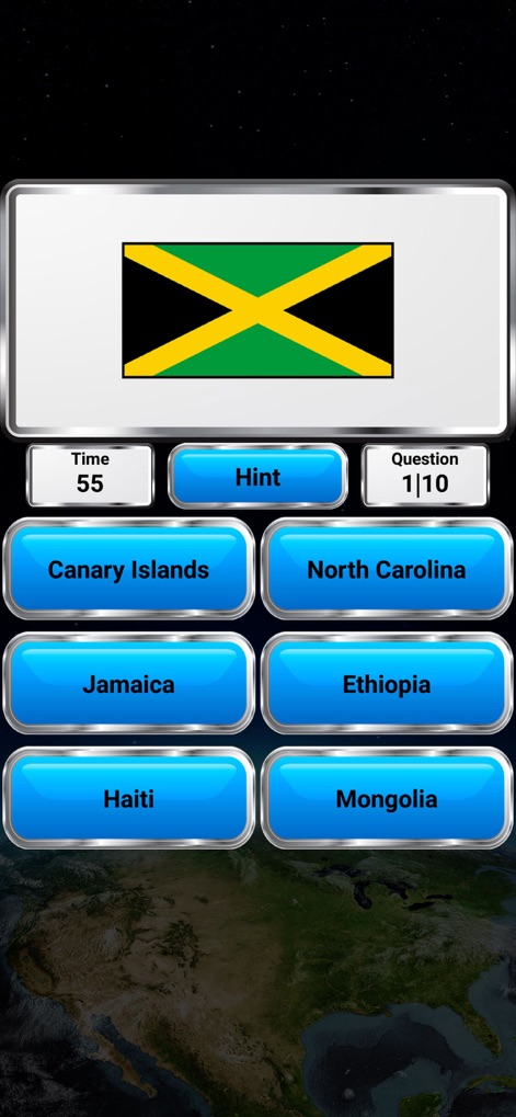 World Geography - Quiz Game - This tool engages users with flag recognition challenges, displaying a national flag and presenting various country names as multiple-choice options.