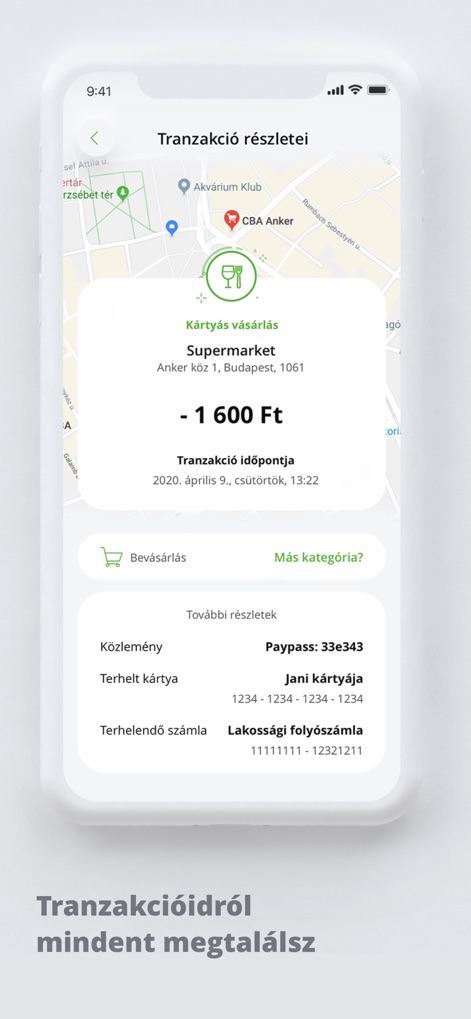 OTP Bank HU - This feature provides a detailed overview of past transactions, including a geographical map of the purchase location and comprehensive payment details like the debited card.