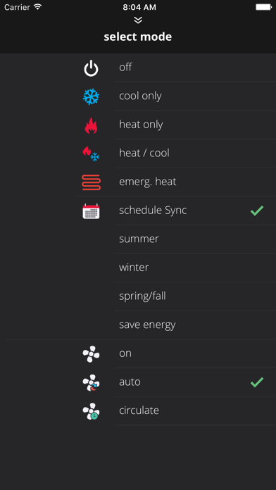 Comfort Sync® Thermostat Screenshot