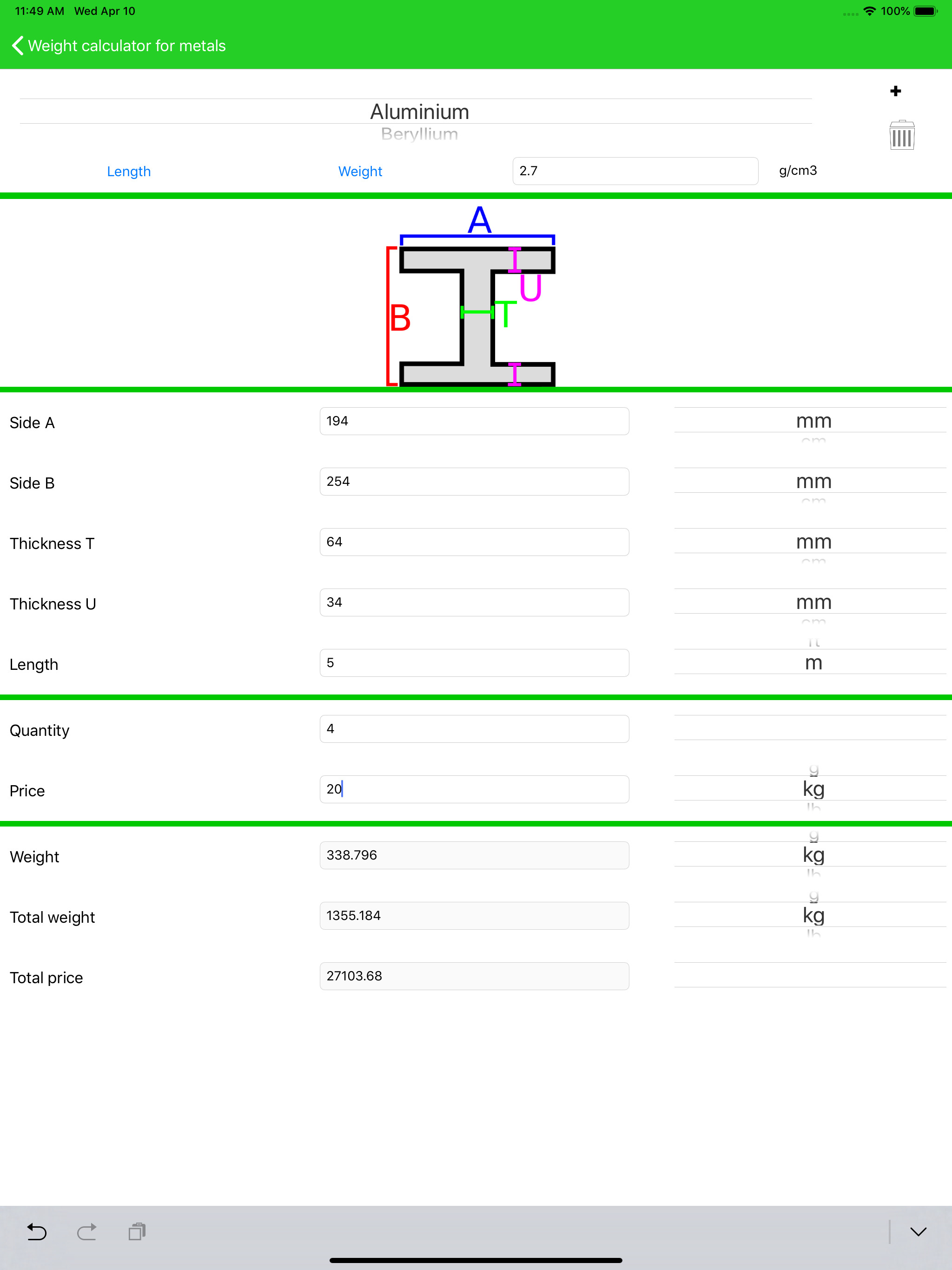 Weight calculator for metals