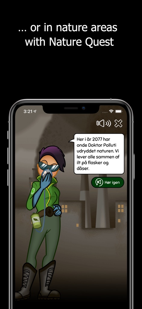 Useeum - The "Nature Quest" game features a unique animated character design and interactive speech bubble dialogue with a "Hør igen" (Listen again) button for reinforcing key messages.