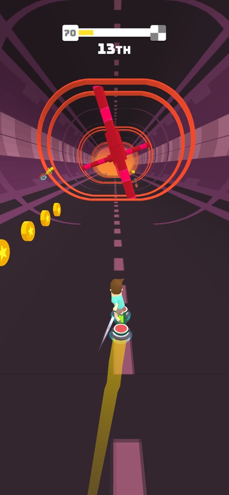 Turbo Stars - Epic Racing - Observe the perilous tunnel sections where users encounter rotating blade obstacles and must collect coins while maintaining momentum.