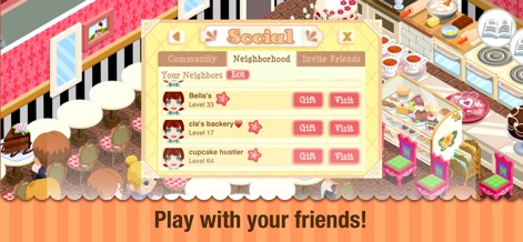 Bakery Story - Das soziale Menü fördert die Interaktion, indem es Nutzern ermöglicht, ihre Nachbarn in der Community zu sehen und durch Funktionen wie 'Geschenk' und 'Besuchen' miteinander in Kontakt zu treten.