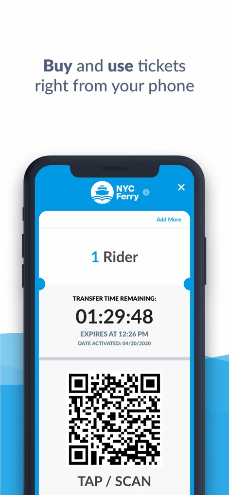 NYC Ferry - This tool facilitates seamless travel with its digital QR ticket display and a clear transfer time remaining countdown for user convenience.
