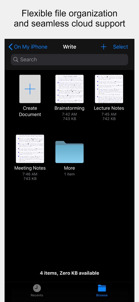 Stylus Labs Write Pro - Esta vista presenta la integración con la app Archivos de Apple, exhibiendo una interfaz con carpetas de documentos como "Brainstorming" y "Lecture Notes", y una clara navegación "On My iPhone".