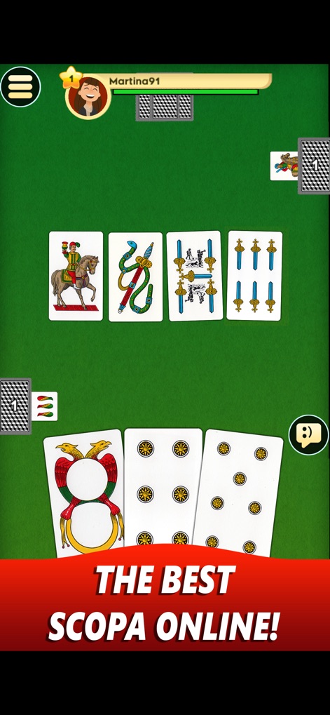 Scopa Online - Gioco di carte - L'app offre un'esperienza di gioco coinvolgente con le tradizionali carte da Scopa ben visibili sul tavolo verde e un'interfaccia utente intuitiva che mostra l'avatar del giocatore "Martina91".