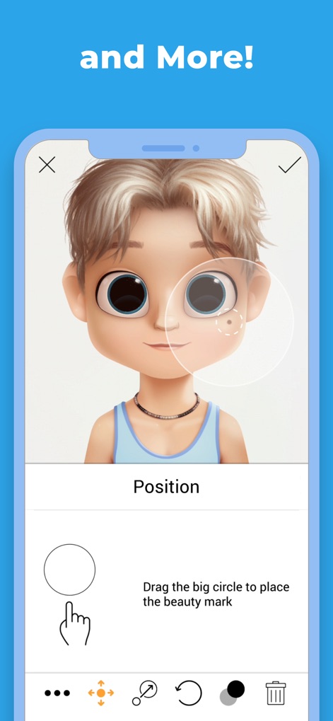 Dollify - Los avatares pueden refinarse con pequeños detalles, como marcas de belleza posicionables, utilizando controles intuitivos para arrastrar y ajustar la ubicación de estos elementos en el rostro.
