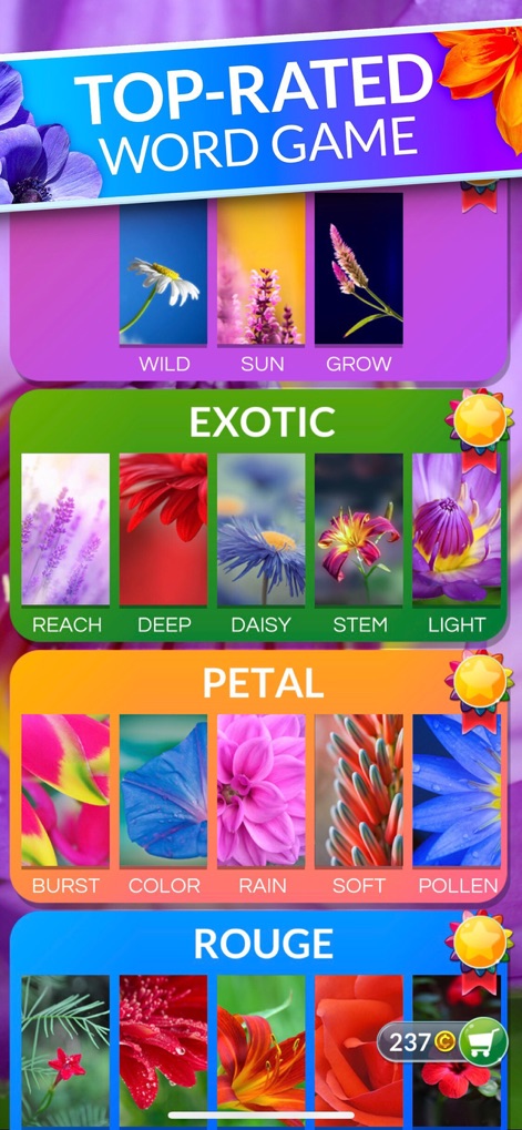 Wordscapes In Bloom - Explore the app's diverse level categories, such as 'Wild' and 'Exotic', each showcasing a distinct array of beautiful botanical backgrounds.